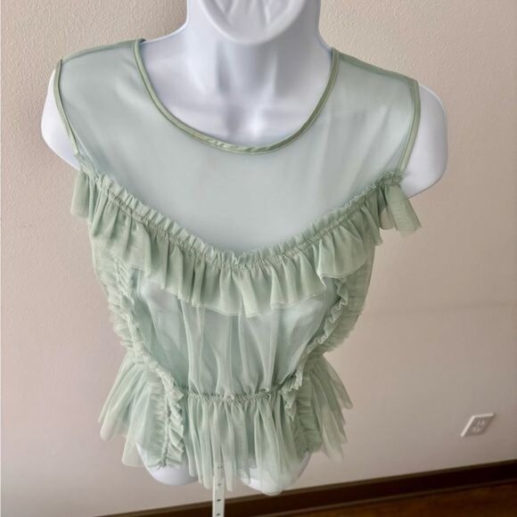 H & M Top 12 Mesh Peplum Green Ruffle Tulle Romantic Cottagecore Victorian Fairy - Picture 11 of 13